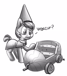 Size: 1280x1450 | Tagged: safe, artist:pabbley, car, dialogue, monochrome, over the garden wall, ponified, simple background, solo, white background, wirt