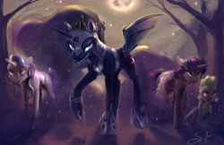 Size: 5100x3300 | Tagged: safe, artist:silfoe, character:nightmare moon, character:princess luna, character:spike, character:starlight glimmer, character:twilight sparkle, character:twilight sparkle (alicorn), species:alicorn, species:pony, royal sketchbook, absurd resolution, blep, broken chains, chains, creepy, dead tree, ear piercing, evil grin, fangs, floppy ears, forest, frown, full moon, ghoul, glare, grin, group, halloween, horn ring, lidded eyes, looking at you, moon, night, nightmare mlem, nightmare moon glamour, nightmare night, open mouth, piercing, raised hoof, raised leg, smiling, smirk, spread wings, tongue out, tree, walking, wings