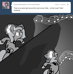 Size: 666x673 | Tagged: safe, artist:egophiliac, character:princess luna, species:pony, moonstuck, bipedal, cartographer's cap, clothing, female, filly, grayscale, hat, monochrome, moonflower, music notes, solo, woona, younger