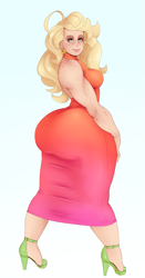 Size: 927x1775 | Tagged: safe, artist:sundown, character:applejack, species:human, applebucking thighs, applebutt, ass, clothing, dress, female, high heels, humanized, jacqueline applebuck, large butt, looking at you, looking back, muscles, solo, the ass was fat, wide hips