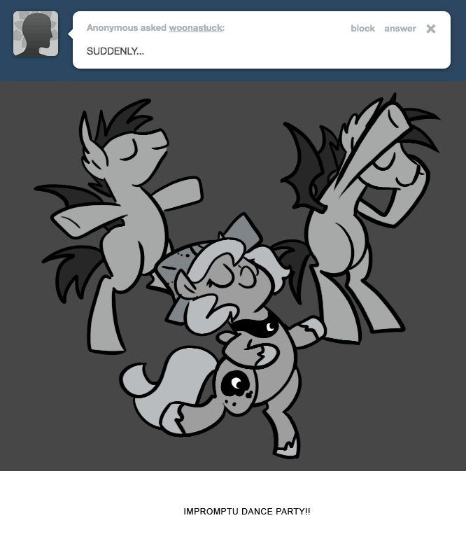 Size: 666x800 | Tagged: safe, artist:egophiliac, character:princess luna, oc, oc:frolicsome meadowlark, oc:sunshine smiles (egophiliac), species:bat pony, species:pony, moonstuck, animated, bipedal, cartographer's cap, clothing, dance party, dancing, filly, gif, good trick, grayscale, hat, hooves in air, monochrome, mood whiplash, party hard, spinning, suddenly, woona, younger