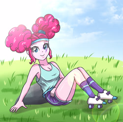 Size: 3507x3472 | Tagged: safe, artist:sumin6301, character:pinkie pie, my little pony:equestria girls, breasts, cleavage, clothing, cute, diapinkes, female, grass field, looking at you, pinkie puffs, rock, rollerblades, shorts, sitting, solo, tank top