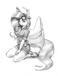 Size: 1100x1430 | Tagged: safe, artist:baron engel, character:fluttershy, species:anthro, species:pegasus, species:pony, species:unguligrade anthro, bunny ears, clothing, costume, dangerous mission outfit, female, goggles, grayscale, hoodie, juice, juice box, looking at you, monochrome, pencil drawing, simple background, sketch, smiling, solo, traditional art, white background