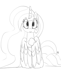 Size: 1280x1492 | Tagged: safe, artist:pabbley, character:princess celestia, black and white, c:, cute, cutelestia, female, grayscale, looking at you, monochrome, simple background, sitting, smiling, solo, spread wings, white background, wing hands, wings