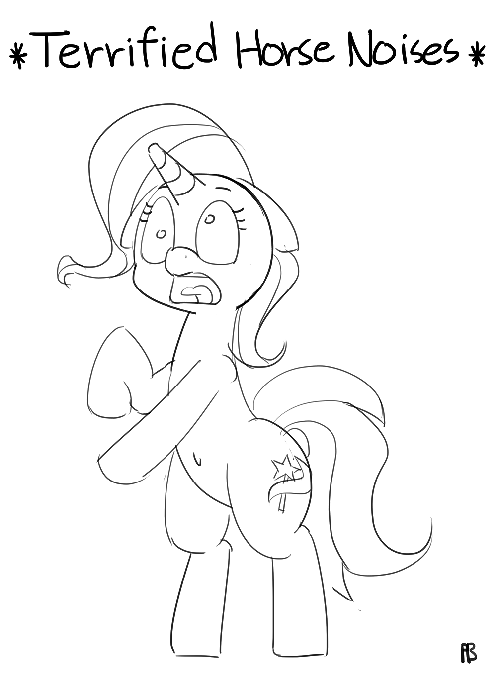 Size: 1000x1357 | Tagged: safe, artist:pabbley, character:trixie, species:pony, species:unicorn, animated, belly button, bipedal, black and white, derp, descriptive noise, female, gif, grayscale, horse noises, meme, monochrome, open mouth, panic, screaming, simple background, solo, white background, wide eyes