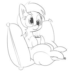 Size: 1280x1296 | Tagged: safe, artist:pabbley, character:derpy hooves, species:pegasus, species:pony, chocolate, female, food, hot chocolate, mare, monochrome, mug, pillow, simple background, sitting, solo, white background