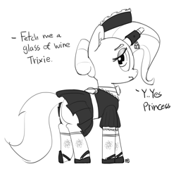 Size: 1280x1227 | Tagged: safe, artist:pabbley, character:trixie, species:pony, species:unicorn, alternate hairstyle, bow tie, clothing, dialogue, dress, female, frown, grayscale, horn ring, implied princess celestia, lidded eyes, looking back, magic suppression, maid, monochrome, offscreen character, padlock, plot, punishment, sad, shoes, simple background, socks, solo, white background