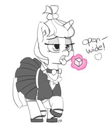 Size: 1280x1478 | Tagged: safe, artist:pabbley, character:moondancer, clothing, dialogue, female, magic, maid, monochrome, offscreen character, open mouth, simple background, solo, sugarcube, telekinesis, white background