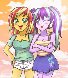 Size: 3048x3472 | Tagged: safe, artist:sumin6301, character:starlight glimmer, character:sunset shimmer, my little pony:equestria girls, alternate hairstyle, breasts, busty starlight glimmer, busty sunset shimmer, cleavage, clothing, duo, equestria girls-ified, female, one eye closed, shorts, tongue out, wink