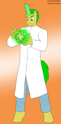 Size: 1475x3000 | Tagged: safe, artist:cornchip21, artist:marauder6272, oc, oc only, oc:critical mass, species:anthro, species:pony, species:unguligrade anthro, species:unicorn, clothing, lab coat, magic, science, solo