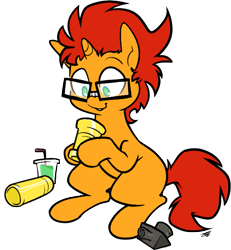 Size: 683x739 | Tagged: safe, artist:egophiliac, oc, oc only, oc:sunflare, species:pony, species:unicorn, blank flank, foal, glasses, smoothie, solo, telescope