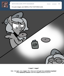 Size: 666x800 | Tagged: safe, artist:egophiliac, character:princess luna, moonstuck, absolutely nothing else, bagel, bread, cartographer's deerstalker, female, filly, food, grayscale, jam, monochrome, solo, woona, younger