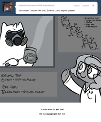 Size: 666x800 | Tagged: safe, artist:egophiliac, character:princess luna, moonstuck, chemistry, clothing, filly, food, glasses, grayscale, hazmat suit, jam, lab coat, monochrome, science woona, woona, younger
