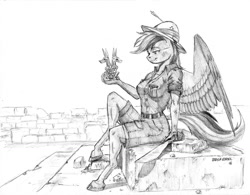 Size: 1500x1169 | Tagged: safe, artist:baron engel, character:daring do, species:anthro, species:unguligrade anthro, clothing, female, grayscale, machete, monochrome, pencil drawing, sapphire statue, simple background, sketch, solo, traditional art, white background