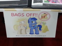 Size: 3264x2448 | Tagged: safe, artist:dm29, character:leadwing, oc, oc:colin nary, species:earth pony, species:pony, species:unicorn, andy price, angry, bag, fish, glasses, irl, katie cook, photo, sign, slap, tongue out, vienna comic con, warning, warning sign