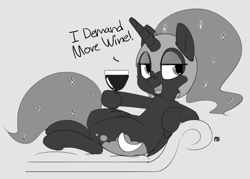 Size: 1280x916 | Tagged: safe, artist:pabbley, character:nightmare moon, character:princess luna, alcohol, couch, dialogue, fangs, female, hoof hold, lidded eyes, looking at you, monochrome, on back, open mouth, simple background, smiling, solo, wine, wine glass