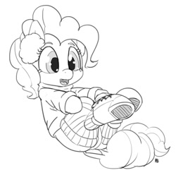 Size: 1280x1271 | Tagged: safe, artist:pabbley, character:pinkie pie, boots, cute, diapinkes, earmuffs, female, monochrome, on back, simple background, solo, white background, winter outfit