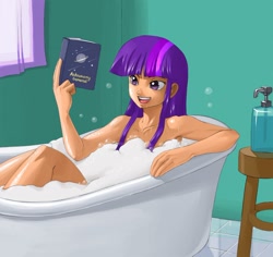 Size: 1280x1207 | Tagged: safe, artist:johnjoseco, artist:kevinsano edits, edit, character:twilight sparkle, species:human, armpits, bath, bathtub, book, bubble bath, color edit, colored, female, humanized, nudity, solo, strategically covered