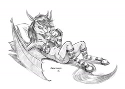 Size: 1400x1004 | Tagged: safe, artist:baron engel, oc, oc only, oc:sundown, species:bat pony, species:pony, clothing, grayscale, juice, juice box, looking at you, monochrome, pencil drawing, simple background, sketch, socks, solo, striped socks, traditional art, white background