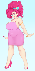 Size: 937x1888 | Tagged: safe, artist:sundown, character:pinkie pie, species:human, big breasts, breasts, busty pinkie pie, chubby, clothing, dress, female, high heels, humanized, lipstick, plump, simple background, solo