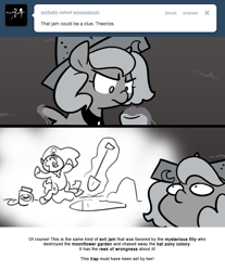 Size: 666x803 | Tagged: safe, artist:egophiliac, character:nightmare moon, character:princess luna, moonstuck, cartographer's cap, clothing, dark woona, filly, food, grayscale, hat, jam, monochrome, nightmare woon, shovel, woona, woonoggles, younger