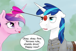 Size: 1280x866 | Tagged: safe, artist:silfoe, character:princess cadance, character:shining armor, ship:shiningcadance, arrow, blep, clothing, cute, cutedance, dialogue, floppy ears, frown, glare, lidded eyes, male, onomatopoeia, open mouth, raspberry, raspberry noise, shipping, smirk, straight, tongue out, unamused, uniform, younger