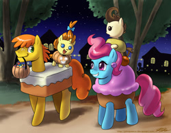Size: 1150x897 | Tagged: safe, artist:johnjoseco, character:carrot cake, character:cup cake, character:pound cake, character:pumpkin cake, costume, halloween, mouth hold, ponies riding ponies, pumpkin bucket, the cakes, trick or treat