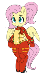 Size: 1063x1920 | Tagged: safe, artist:pabbley, character:fluttershy, species:pony, belly button, bipedal, crossover, female, neon genesis evangelion, plugsuit, rebuild of evangelion, semi-anthro, shikinami asuka langley, simple background, solo, souryuu asuka langley, spread wings, white background, wings
