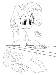 Size: 1280x1712 | Tagged: safe, artist:pabbley, character:rarity, species:pony, species:unicorn, female, food, glowing horn, grayscale, levitation, magic, mare, monochrome, ponies eating meat, ponies eating seafood, rarity looking at food, shrimp, simple background, sitting, solo, sushi, telekinesis, white background