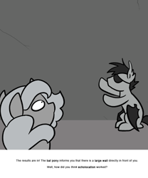Size: 666x800 | Tagged: safe, artist:egophiliac, character:princess luna, oc, oc:sunshine smiles (egophiliac), species:bat pony, species:pony, moonstuck, eyepatch, filly, grayscale, monochrome, wall, woona, woonoggles, younger