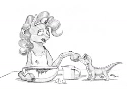 Size: 1400x985 | Tagged: safe, artist:baron engel, character:gummy, character:pinkie pie, species:earth pony, species:pony, apron, batter, cake batter, clothing, cute, duo, egg, female, grayscale, looking at each other, mare, measuring cup, monochrome, pencil drawing, simple background, sketch, traditional art, white background