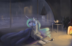 Size: 1280x828 | Tagged: safe, artist:silfoe, character:princess celestia, species:pony, book, cozy, female, fireplace, looking back, mare, rain, solo