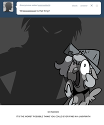 Size: 666x800 | Tagged: safe, artist:egophiliac, character:princess luna, oc, oc:stardust (egophiliac), moonstuck, cartographer's cap, clothing, filly, grayscale, hat, implied david bowie, labyrinth (movie), monochrome, moonitaur, shadow, woona, younger