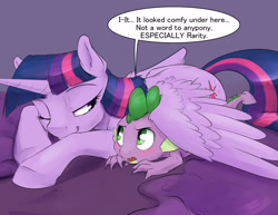 Size: 1925x1488 | Tagged: safe, artist:silfoe, character:spike, character:twilight sparkle, character:twilight sparkle (alicorn), species:alicorn, species:dragon, species:pony, royal sketchbook, baby, baby dragon, bed, blushing, cuddling, cute, cutie mark, dialogue, female, horn, hug, implied rarity, looking at each other, male, mama twilight, mare, one eye closed, open mouth, prone, she knows, silfoe is trying to murder us, simple background, snuggling, speech bubble, spikabetes, spikelove, spread wings, tsundere, twiabetes, wing blanket, winghug, wings