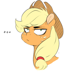 Size: 650x637 | Tagged: safe, artist:sundown, edit, character:applejack, species:pony, ..., applejack is not amused, applejack's hat, bust, clothing, color edit, colored, cowboy hat, female, freckles, frown, hat, lidded eyes, looking at you, portrait, reaction image, simple background, solo, unamused, white background