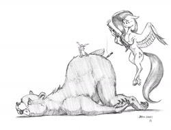 Size: 1400x1066 | Tagged: safe, artist:baron engel, character:angel bunny, character:fluttershy, character:harry, blep, dart gun, derp, face down ass up, floppy ears, flying, grayscale, gun, monochrome, pencil drawing, simple background, spread wings, tongue out, traditional art, tranquilizer, tranquilizer dart, tranquilizer gun, unconscious, weapon, white background, wings