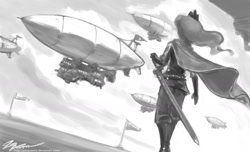 Size: 1400x851 | Tagged: safe, artist:johnjoseco, character:princess luna, species:human, airship, cape, clothing, female, grayscale, humanized, military, military uniform, monochrome, solo, sword, uniform, warrior luna, weapon