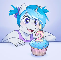 Size: 1771x1718 | Tagged: safe, artist:askbubblelee, oc, oc only, oc:bubble lee, species:anthro, species:pony, species:unicorn, anthro oc, birthday, cat-named-fish is trying to muder us, cupcake, cute, female, filly, foal, food, ocbetes, solo, younger