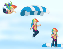 Size: 1280x998 | Tagged: safe, artist:jonfawkes, character:rainbow dash, species:human, air ponyville, chibi, clothing, commission, cute, dashabetes, female, humanized, looking at you, pants, parachute, skydiving, solo, thumbs up