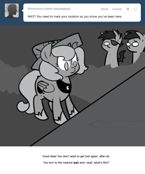 Size: 666x800 | Tagged: safe, artist:egophiliac, character:princess luna, oc, oc:frolicsome meadowlark, oc:sunshine smiles (egophiliac), species:bat pony, species:pony, moonstuck, cartographer's cap, clothing, eyepatch, filly, grayscale, hat, monochrome, woona, woonoggles, younger