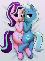 Size: 1618x2176 | Tagged: safe, artist:pabbley, artist:transgressors-reworks, edit, character:starlight glimmer, character:trixie, species:pony, species:unicorn, ship:startrix, bed, belly touch, color edit, colored, cuddling, cute, cutie mark, diatrixes, female, glimmerbetes, lesbian, looking at you, on side, open mouth, sheet, shipping, signature, simple background, snuggling, sweet dreams fuel