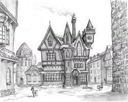 Size: 1500x1197 | Tagged: safe, artist:baron engel, species:pony, episode:a hearth's warming tail, g4, my little pony: friendship is magic, architecture, grayscale, house, monochrome, pencil drawing, scenery, scenery porn, simple background, snow, snowfall frost's house, traditional art, white background