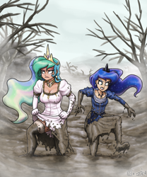 Size: 1800x2160 | Tagged: safe, artist:johnjoseco, artist:king-kakapo, character:princess celestia, character:princess luna, species:human, barefoot, celestia is not amused, clothing, dirty, dress, feet, fog, frown, humanized, lipstick, messy, mud, redraw, socks, stockings, thigh highs, tree, unamused, wet and messy