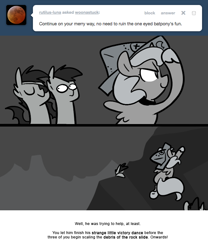 Size: 666x800 | Tagged: safe, artist:egophiliac, character:princess luna, oc, oc:frolicsome meadowlark, oc:sunshine smiles (egophiliac), species:bat pony, species:pony, moonstuck, cartographer's cap, climbing, clothing, eyepatch, filly, grayscale, hat, monochrome, woona, woonoggles, younger
