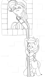 Size: 1120x1920 | Tagged: safe, artist:pabbley, character:applejack, character:rarity, ship:rarijack, clothing, crossover, dress, female, lesbian, monochrome, rapunzel, shipping, simple background, white background