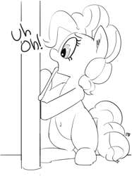 Size: 1280x1715 | Tagged: safe, artist:pabbley, character:pinkie pie, a christmas story, belly button, cute, diapinkes, female, monochrome, parody, simple background, solo, stuck, tongue out, tongue stuck to something frozen, white background