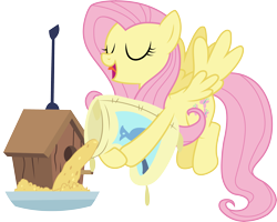 Size: 3743x3001 | Tagged: safe, artist:cloudyglow, character:fluttershy, species:pegasus, species:pony, episode:inspiration manifestation, g4, my little pony: friendship is magic, bird feed, bird house, eyes closed, female, mare, open mouth, simple background, solo, spread wings, tongue out, transparent background, vector, wings