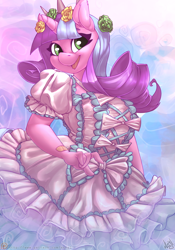Size: 840x1200 | Tagged: safe, artist:atryl, oc, oc only, oc:ivy lush, species:anthro, species:pony, species:unicorn, anthro oc, big breasts, breasts, clothing, cute, dress, female, mare, patreon, patreon logo, smiling, solo