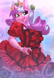 Size: 840x1200 | Tagged: safe, alternate version, artist:atryl, oc, oc only, oc:ivy lush, species:anthro, species:pony, species:unicorn, anthro oc, big breasts, breasts, clothing, cute, dress, female, mare, patreon, patreon logo, smiling, solo
