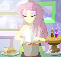 Size: 2463x2296 | Tagged: safe, artist:sumin6301, character:fluttershy, my little pony:equestria girls, bread, clothing, cooking, cute, eyes closed, female, food, kitchen, meat, shyabetes, skirt, smiling, soda, solo, stew, sunlight, tank top
